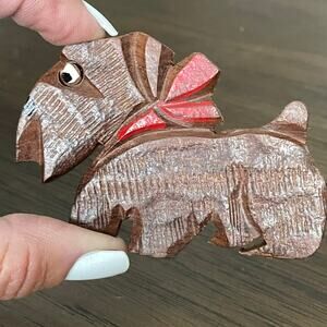 Vintage 1940s Carved Wood Scottie Dog Pin Brooch Scottish Terrier w/ Red Bow